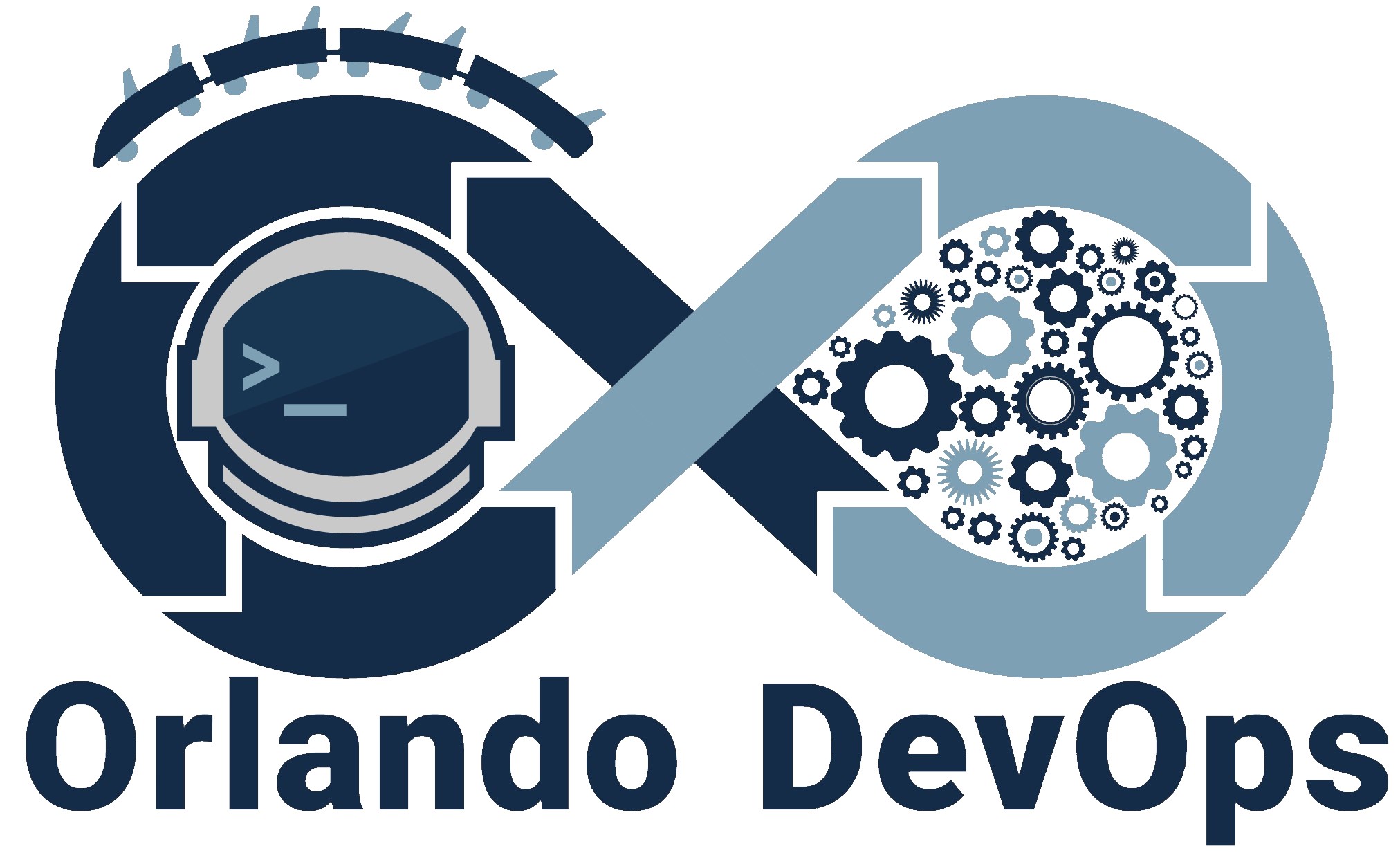 An infinity logo composed of 8 individual arrows. The left side arrows are dark blue and the right side are light blue. The left hole is filled with the Orlando Devs logo, an astronaut helmet with a shell prompt (>_) for a face. The right hole is filled with interlocking gears of various sizes. Roller coaster cars are going down the turn on the left side.